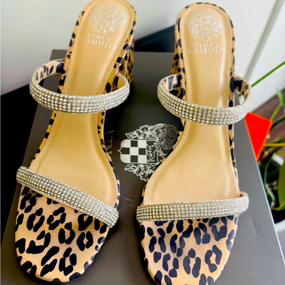 Vince Camuto Tan and Silver Heels with Rhinestone Embellishments
